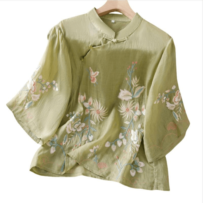 【中國直郵】 ASIS 女中式刺繡立領盤扣七分袖襯衫上衣-綠色 3XL