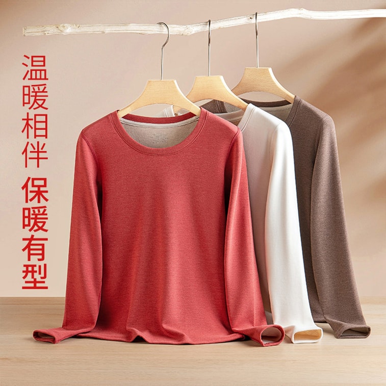 【中國直郵】 HSPM 蠶絲羊毛德絨 秋冬小姐保暖內衣 加絨加厚可外穿 圓領打底衫 魔力黑 M 3