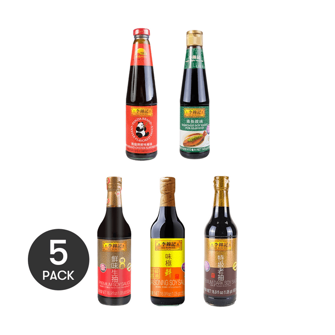 [5-Bottle Condiment Combo] Soy Sauce, Light Soy Sauce, Dark Soy Sauce, Oyster Sauce, Steamed Fish Soy Sauce 81.76 floz