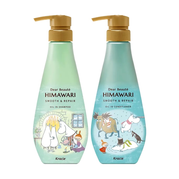 HIMAWARI Oil in Shampoo and Conditioner Set, Smoothing and Repairing, 13.52 fl oz+13.52 fl oz【Limited Moomin Edition】