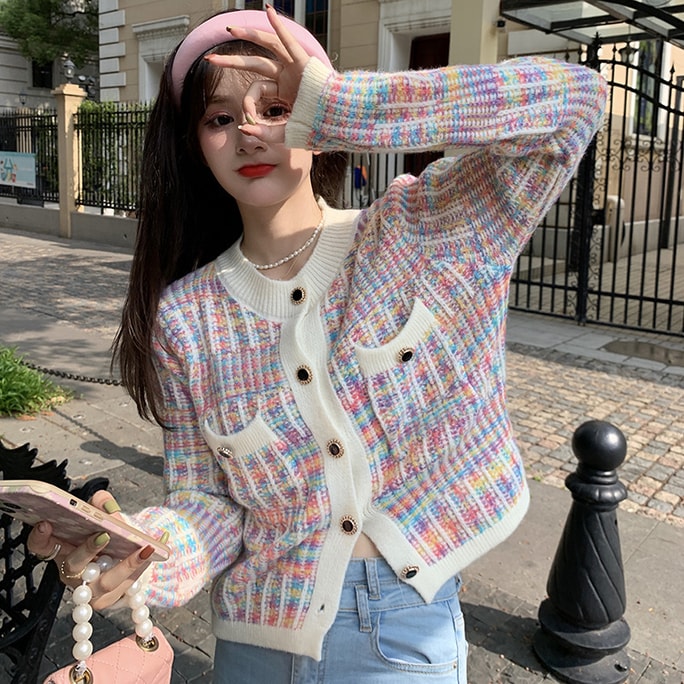Contrasting color knitted ladies temperament college style spring and autumn new sweet age-reducing sweater