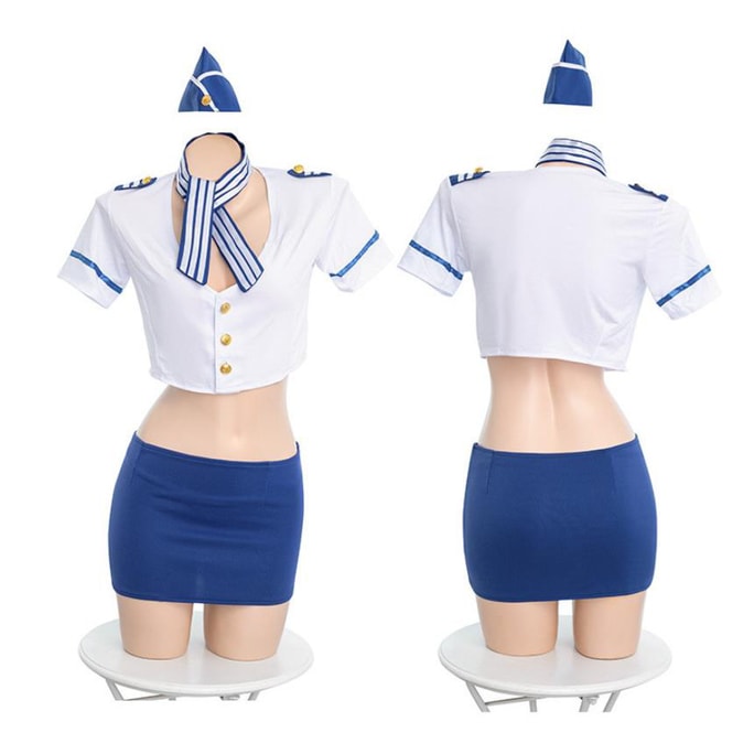 Stewardess Cosplay Suit Blue White One Size (Send Stockings)