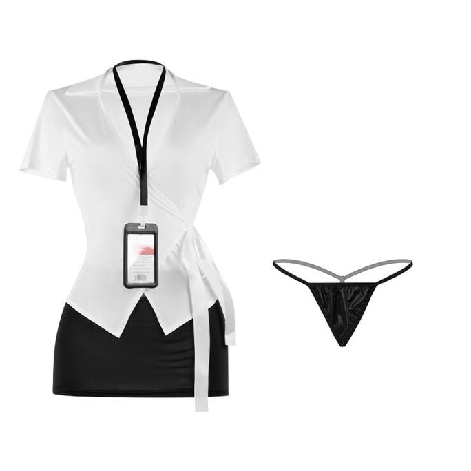 【中國直郵】 曼煙 情趣內衣 性感翻領彈性緊身清純繫帶秘書裙 白黑色 均碼(含絲襪)