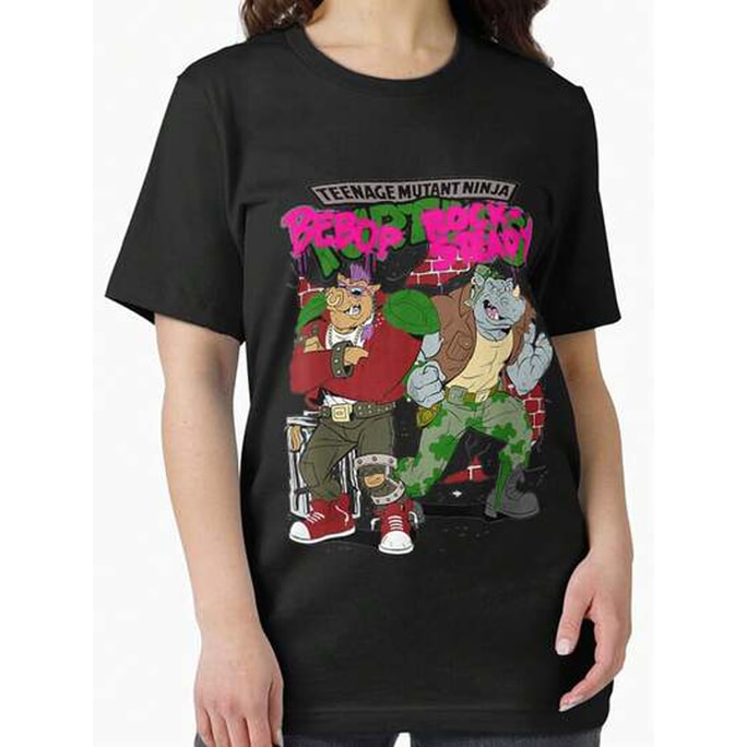 [미국 국내 배송] 신상 프레피 스타일 루즈핏 솔리드 컬러 TMNT 비밥 & 록스테디 그래피티 머스트해브 티셔츠, 블랙, 사이즈 M