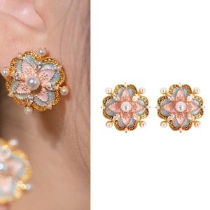 Loulan Collection Clover Earrings | 22mm Chinese Style Jewelry | Enamel Filigree Art | Sterling Silver Posts