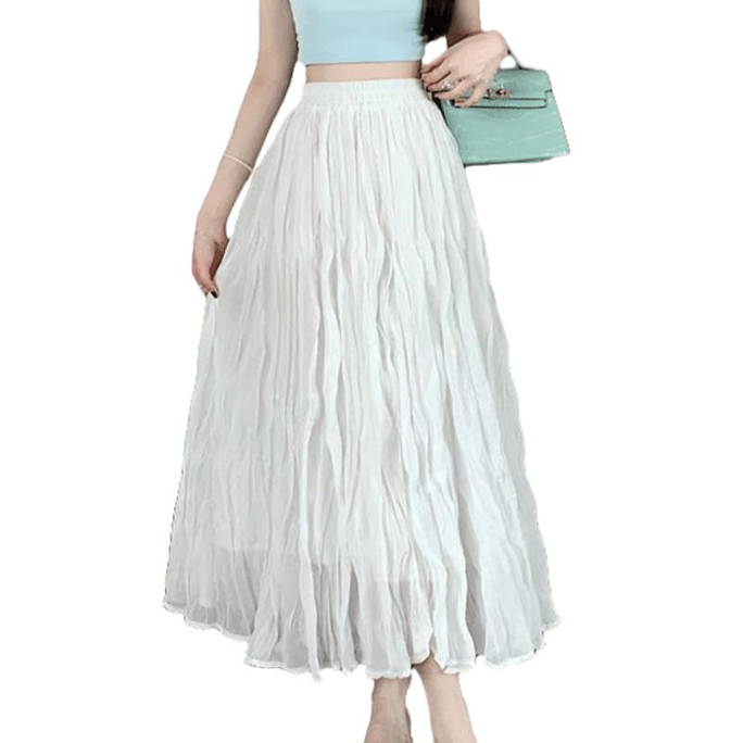 Chinese Style Retro Pleated Mid-length Skirt for Women White S
