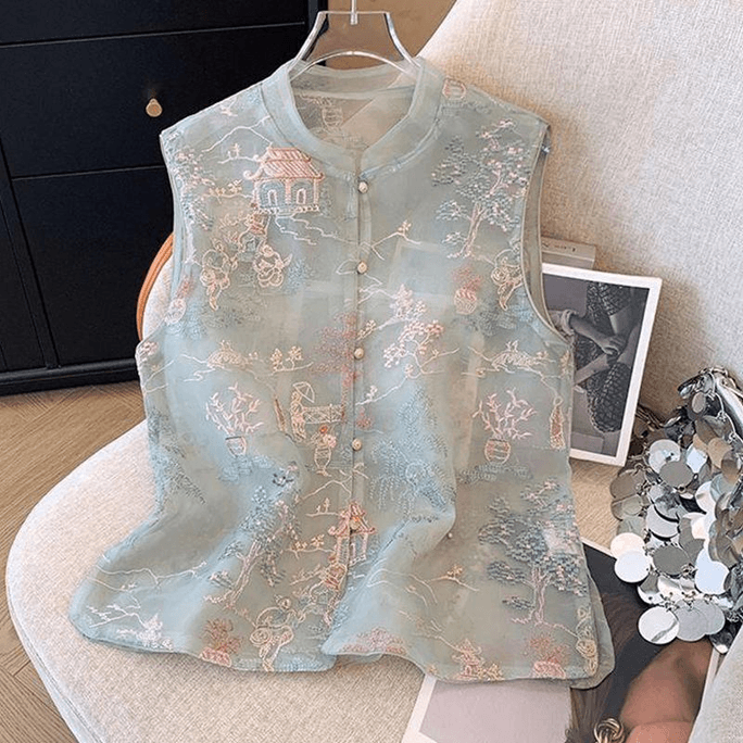 Chinese Style Embroidery Penetrate Tang Suit Vest Coat for Women M