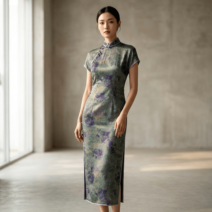 LUXE ORIENTA Silk Rose Print Cheongsam XL