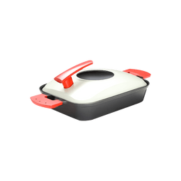 日本UCHICOOK 雙耳方形烤盤 蒸烤焗鍋 戶外便攜鍋具牛排盤 附鐵鍋蓋 紅色把手 日本製造