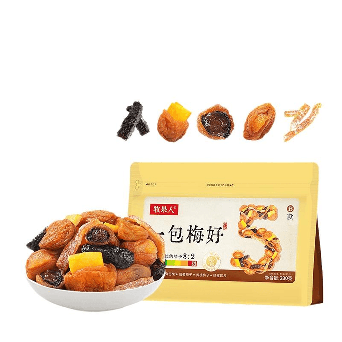 【中國直郵】 牧果人 一包梅好組合混合果乾梅有葡萄梅子梅有芒果黃桃梅子蜂蜜陳皮烏梅條 230g*1袋