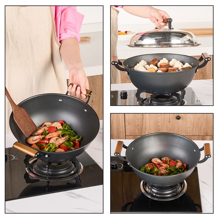 王源吉 ⭐蒸炖全能⭐【完美之选】 32cm 双耳铁锅带蒸笼 无涂层健康烹饪 高效均匀加热 一锅多用省时省力 5