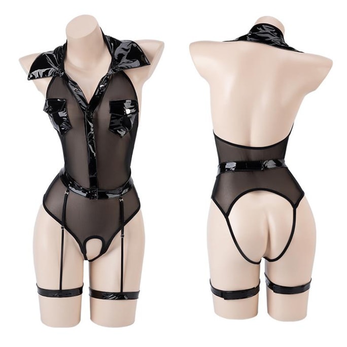 Open crotch jumpsuit female police officer uniform set even size black