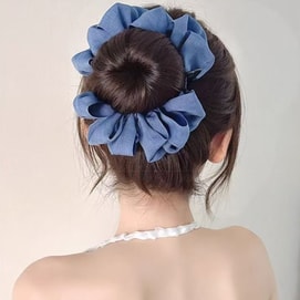 【中国直邮】 HSPM 新款假发丸子头蝴蝶结高扎百搭抓夹花苞头牛仔布香蕉夹女花苞花朵夹子 蓝发圈抓夹丸子头 棕黑色 1个