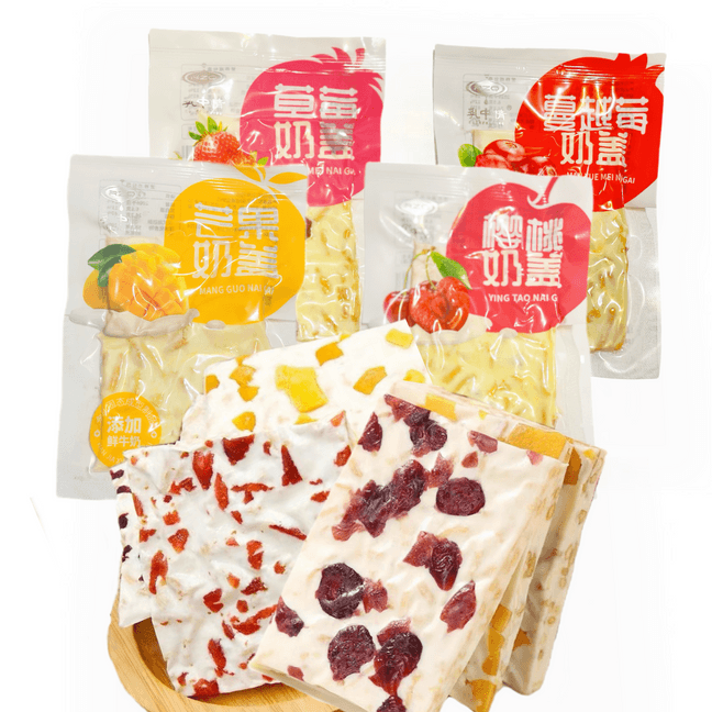  乳中情 新春大促 内蒙特产 四口味果粒大片奶盖 鲜奶糕 樱桃 草莓 芒果 蔓越莓  200克 千层奶皮子