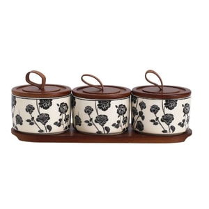 【中国直邮】 HSPM 黑玫瑰陶瓷密封罐茶叶罐子小罐家用收纳罐咖啡豆罐法式储物罐糖罐 赫本黑玫瑰密封罐 三件套带托