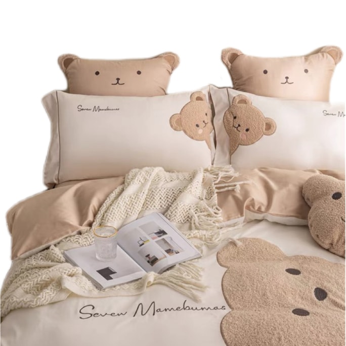 【中国直送】Lulabuy 寝具4点セット 綿100％ 60番手長綿 かわいいクマの刺繍 ベッドシーツ・掛け布団カバー クイーンサイズ
