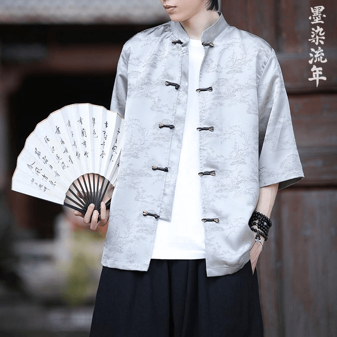 【中国直邮】 ASIS 新中式男士冰丝提花盘扣五分袖唐装汉服-灰色 M
