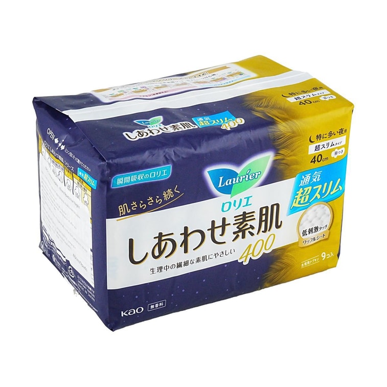 日本KAO花王 LAURIER乐而雅 F超薄超透气系列 超长量多棉柔卫生巾 温和无刺激 夜用400mm 9片入 10