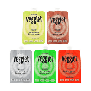 韓國VEGGIET 植物蛋白奶昔 穀物味45g×1 + 可可味45g×1 + 黑豆味45g×1 + 抹茶味45g×1 + 草莓味45g×1【5種口味5件組合裝】【100%植物性】