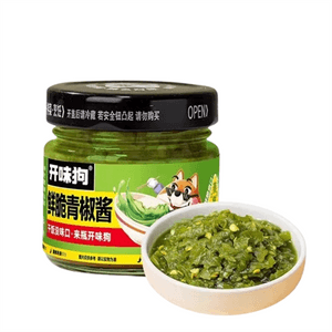 Crispy green pepper sauce, chili sauce for rice or noodles, garlic, preserved mustard greens, chopped chili peppers, perfect for side dishes, seasoning, or dipping sauce. 180g/bottle