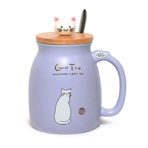 GINKGOHOME Cute Cat Milky Ceramic Mug With Spoon And Wood Lid - Lavender Purple 12oz