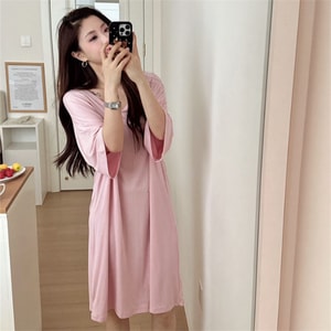 【中國直郵】 HSPM 莫代爾裸睡大T卹睡裙 簡約純色性感中長款一字肩短袖睡衣 少女粉 F 1 件