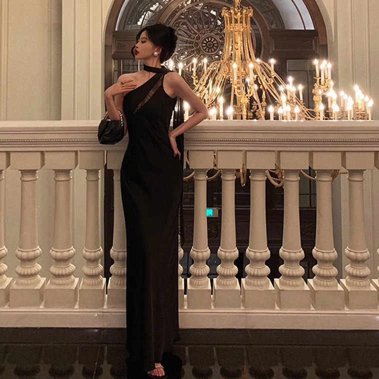 【中国直邮】 HSPM 斜肩飘带连衣裙女新款法式小众设计蕾丝缎面长裙礼服裙 黑色XL 5
