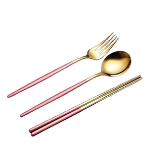 Tableware Set Portable Spoon, Chopstick and Fork 3-Piece Set with Storage Box Student Spoon and Chopstick Set  304 stainless steel, Pink gold style