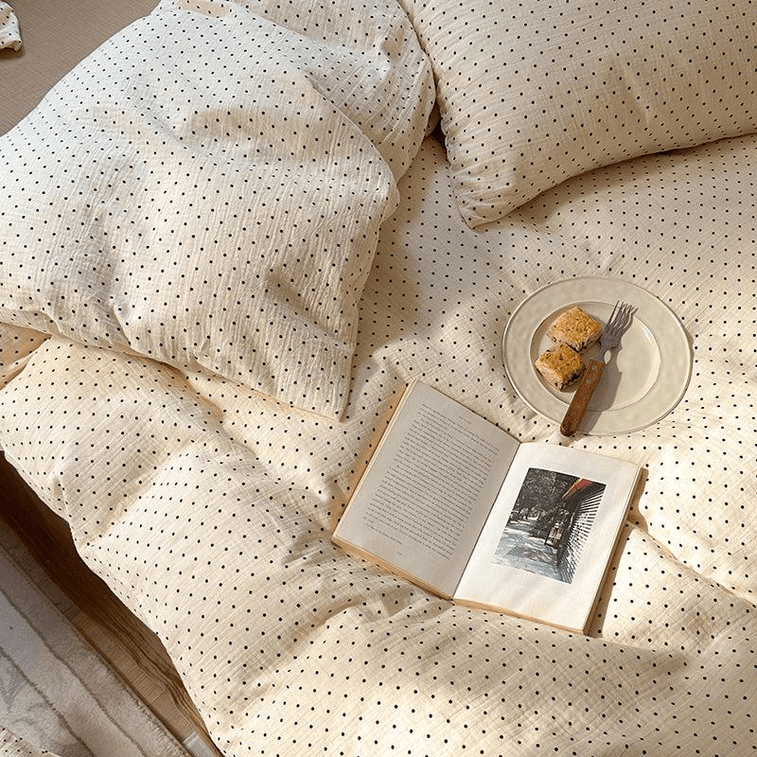 [중국에서 직접 우편] 자장가 일본식 심플 물방울 무늬 순면 2겹 주름 원사 4종 침구 세트 가정용 가구 (시트*1+이불 커버*1+베개 커버*2) 킹 사이즈 티라미수 3