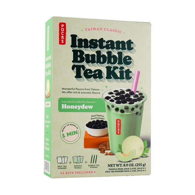 Instant Honeydew Boba Milk Tea with Bubble Tapioca Pearls Kit, 3 Pack, 8.99 oz