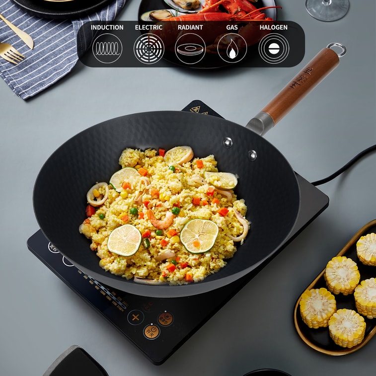 1KG Lightweight Carbon Steel Wok 30CM With Spatula + Gift 11CM Small Pan, For Gas & Induction All Stoves 8