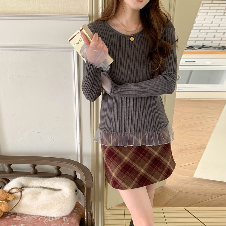 Early Spring New Mesh Panel Knit Top Dark Gray M 1 Piece 4