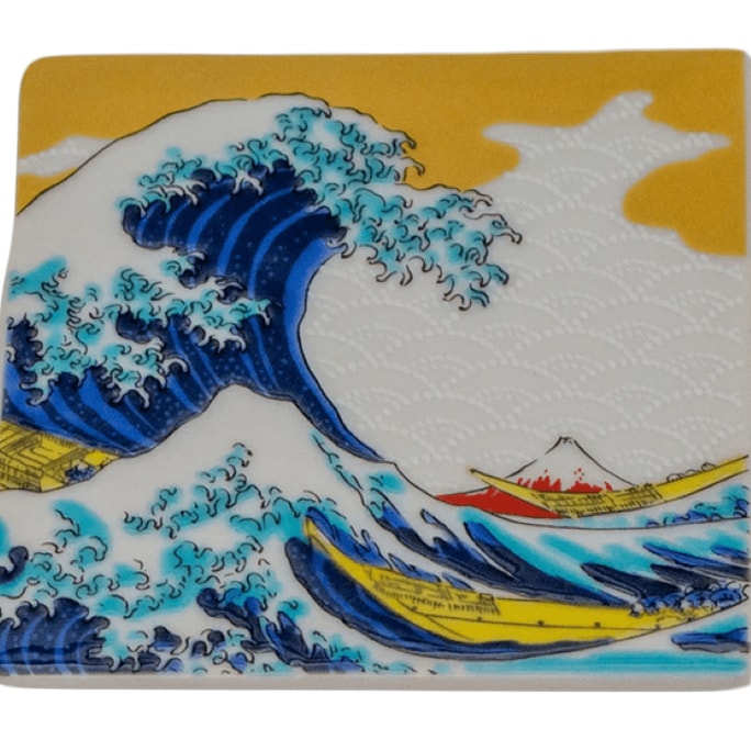 Kutani Ware Handmade Square Coaster (Hokusai Wave 3.54 x 3.54 in) Made in Japan