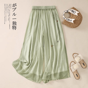 Chinese Style Embroidery Double-layer Slit Wide-leg Pants Green M