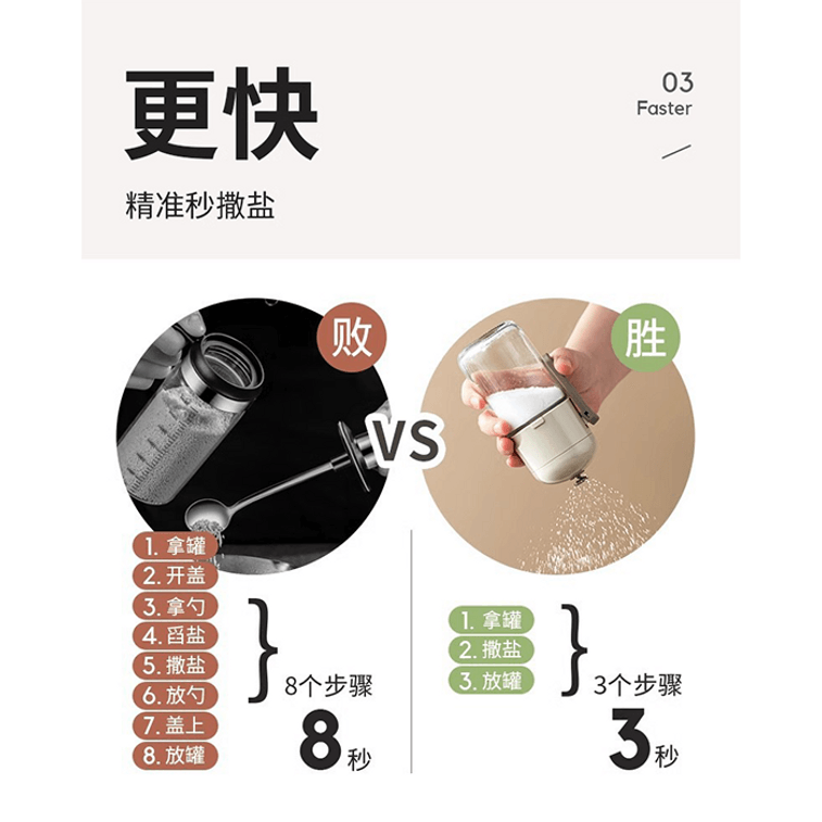 ペンギン Tuan Tuan 精密塩ディスペンサー 塩計量容器 計量塩ホルダー 防湿ガラス付き 塩、スパイス、コショウに適した調味料瓶 ウォームグレー 220ml 7