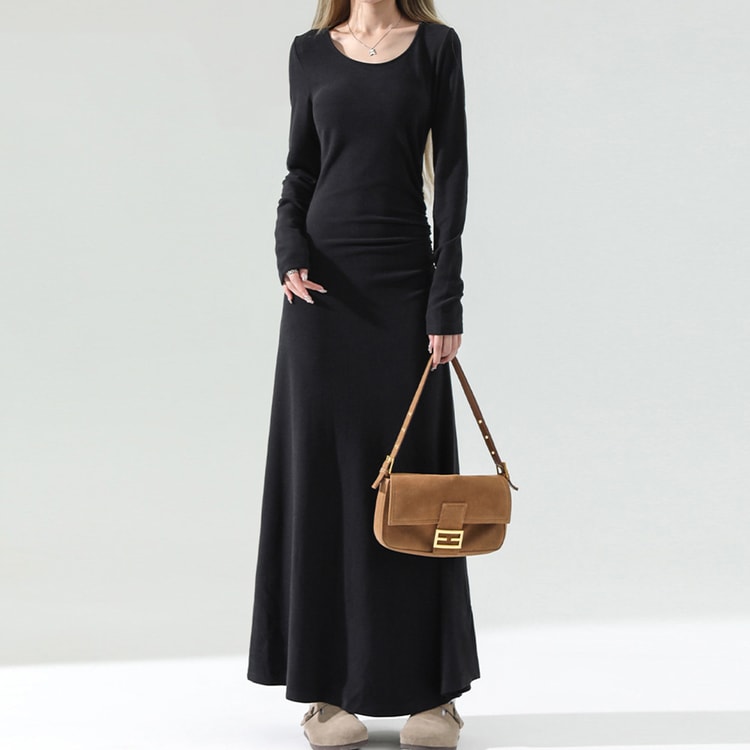 cinch wasit long sleeve midi dress Waist 3/4 Designed with elegant accordion pleats French Style Elegant Long-Sleeve Midi