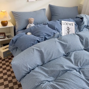New North American Custom Washed Cotton Bedding With 16 Color Options Queen 230x230cm Four Piece Set Blue Thin Strip