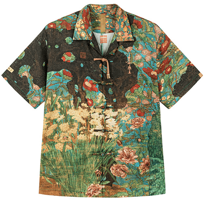 Chinese Style Casual Retro Button Printed Short Sleeve Shirt For Men And WomenLarge