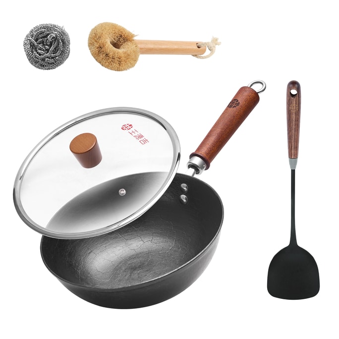  28CM  Mini Wok Cooking Wok For One Person Iron Wok and Mini Chinese Iron Spatula with Wooden Handle