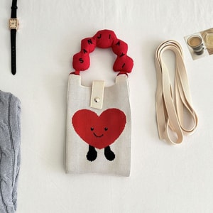 HSPM 新款可爱刺绣ins风韩版针织包手提袋毛线编织包 上班通勤斜跨小包 伴手礼小拎包  米色爱心