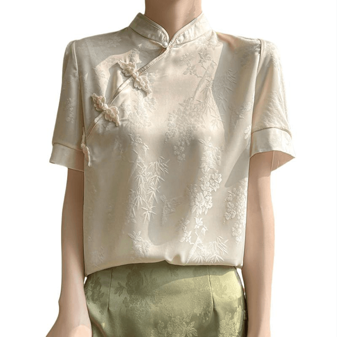 Chinese Style Stain Retro Button Stand Collar T Shirt Tops Champagne XL