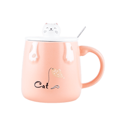 Ceramic Pink Cat Mug W/ Lid & Spoon 15oz 3.25"Dx3.75"H