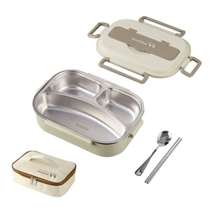 【中國直郵】 HSPM 新款大容量304不鏽鋼保溫分格便當盒 米色三格+餐具+保溫袋 1000ml