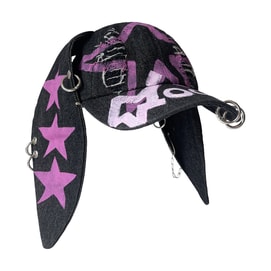 【中國直郵】 HSPM 美式塗鴉龐克Y2k牛仔破洞兔子耳朵鏈條棒球帽鴨舌帽 塗鴉星星黑化兔 F 1個裝