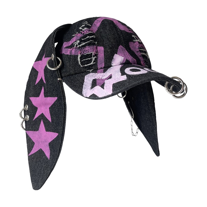 【中国直邮】 HSPM 美式涂鸦朋克Y2k牛仔破洞兔子耳朵链条棒球帽鸭舌帽 涂鸦星星黑化兔 F 1个装