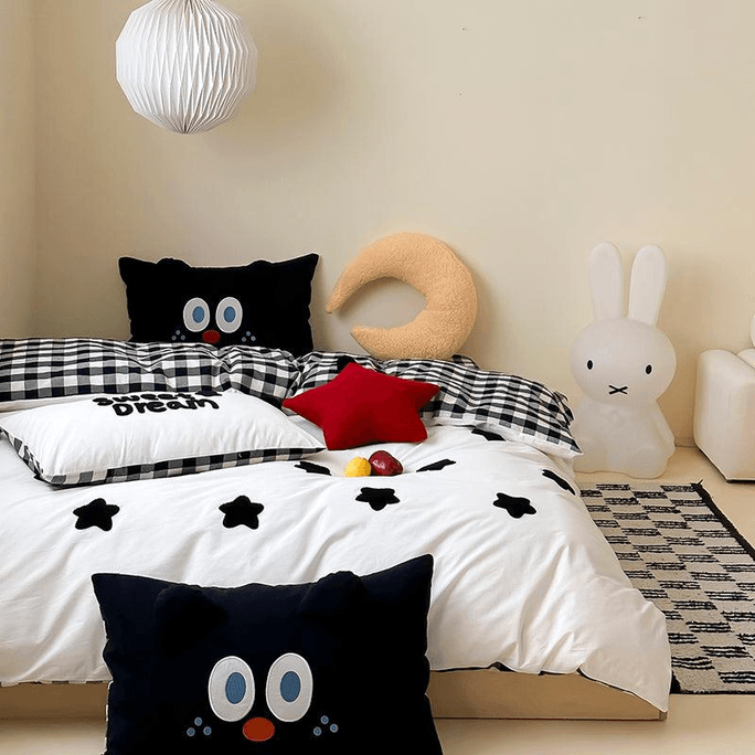 [中国からの直送] Lullabuy カラフルパラダイス 純綿 ウォッシュドコットンタオル 刺繍入り寝具セット 4点寝具ホームグッズ (ベッドシーツ*1+キルトカバー*1+枕カバー*2) キングサイズ スターグリッド