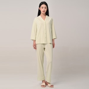 Liquid Ammonia Cotton 50s Pajama Set Mugwort Green Size L 1 Set Thin Pure Cotton V-neck 3/4 Sleeve Loungewear Set