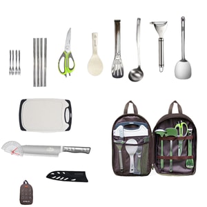 16-Piece Stainless Steel Kitchenware Set Portable Camping Tableware 16-piece kitchenware set + coffee-colored storage bag F type 1 Set