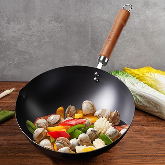 WANGYUANJI Chinese Carbon Steel Wok  With Lid Carbon Steel Pan Flat Bottom No Chemical Coated For All Stoves 30CM