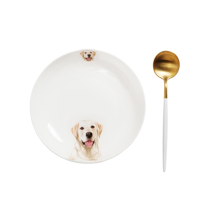 Petorama陶瓷寵物肖像兩邊印花8”圓形餐盤+陶瓷把手金色不銹鋼餐勺套裝-拉布拉多